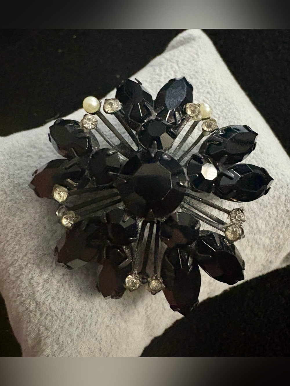 Black Floral Crystal Brooch & Rectangular Faceted Black Crystal Clip-On Earrings
